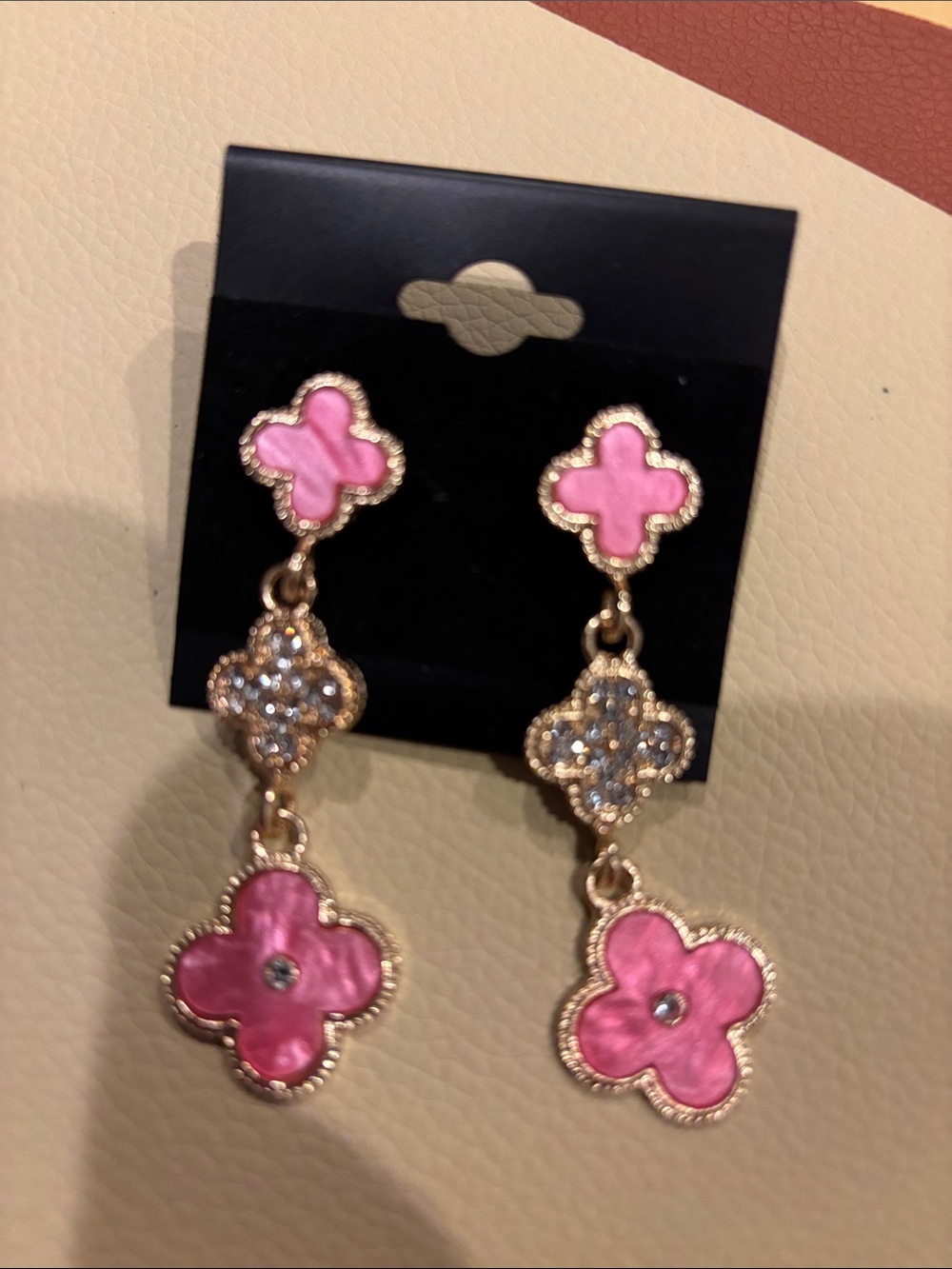 Dainty Pink Clover Drop Earrings - Gold-Tone